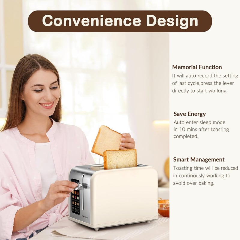 Mecity 2 Slice Touch Screen Toaster, 1.5" Wide Slot, Stainless Steel Smart Toaster for Bagels, Muffins, Waffles, Gluten-Free Breads, Defrost, Reheat, Timer, 120V 825W, Cream Color - Image 5